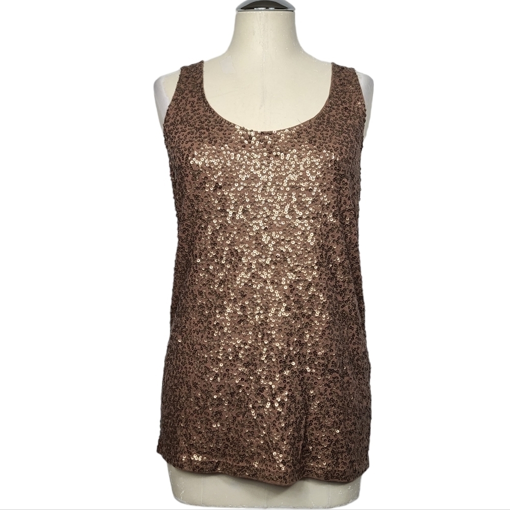 J. Crew Brown Sequin Scoop Neck Cotton Linen Modal Tank Top M - Picture 3 of 9